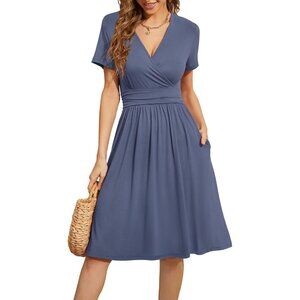 Women Purple Gray Short Sleeve V-Neck Floral Stretchy Party Dress with Pockets